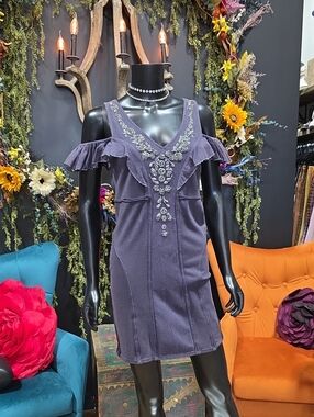 RARE! Free People Dusty Purple Embellished Cold-Shoulder Mini Dress